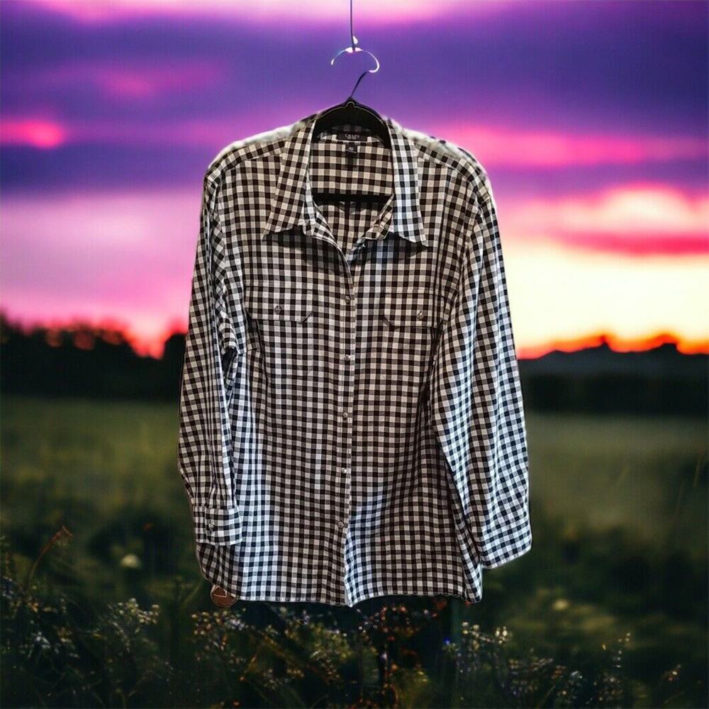 Womens Plus Chaps Blouse Shirt Size 3X Black White‎ Plaid Cotton L/Sleeve